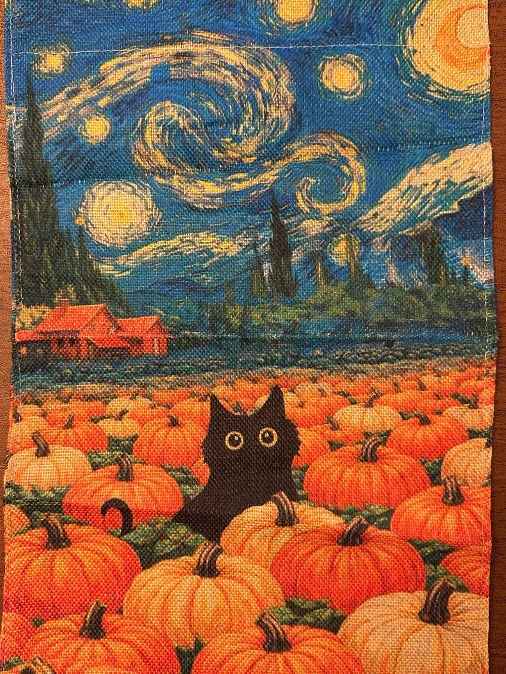 Garden Flag, Starry Night Black Cat Pumpkin, 12”x18”, Burlap double-sided